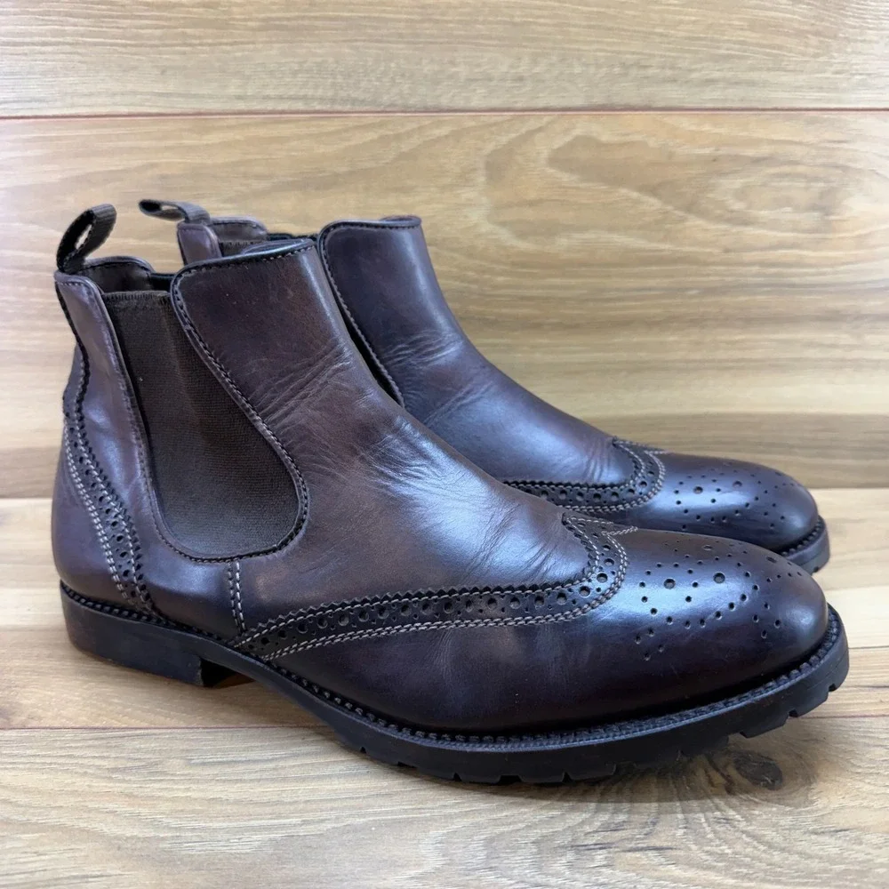 CANALI Wingtip Medallion Chelsea Boots Mens 8.5 EU 41.5 FLAWED Brown Leather Lug